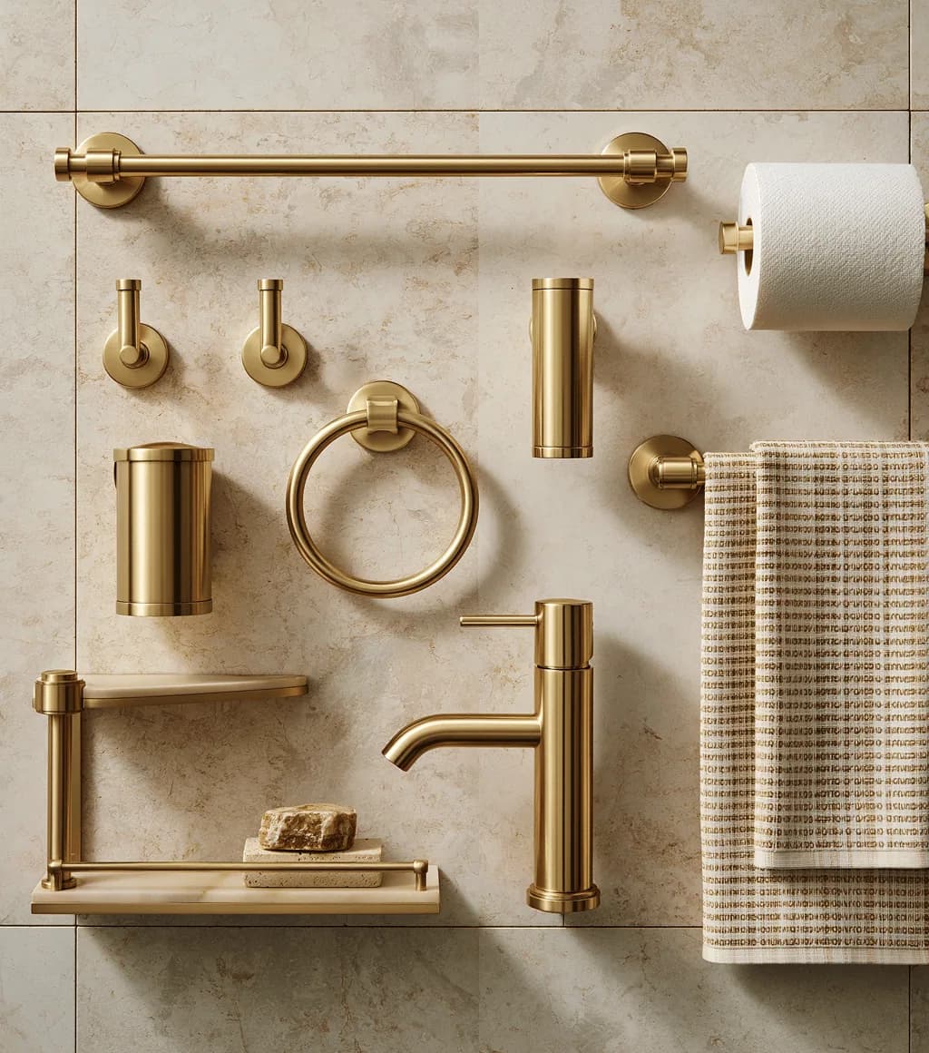 Brushed-gold accessory set: towel rail, hooks, tumbler, towel ring, shelf with soap, basin faucet, toilet-roll holder and woven towel