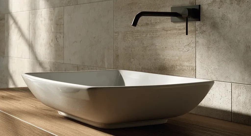 White rectangular vessel basin on a wood counter, beneath a matte black wall-mounted spout