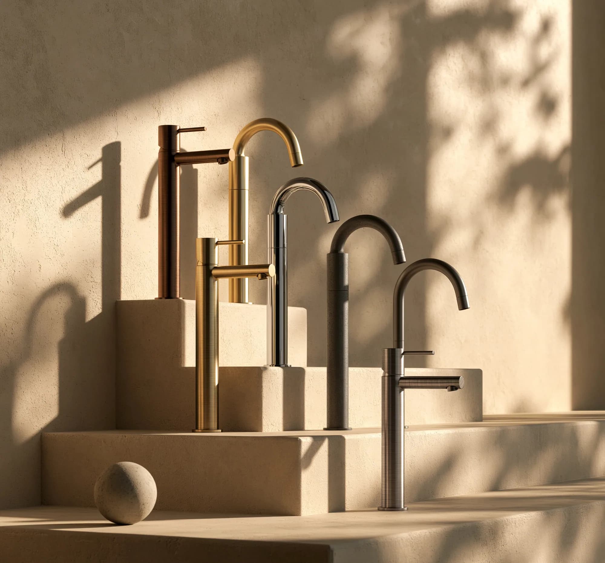 Five basin faucets in copper, brushed gold, chrome, gunmetal and steel finishes, staged on concrete plinths