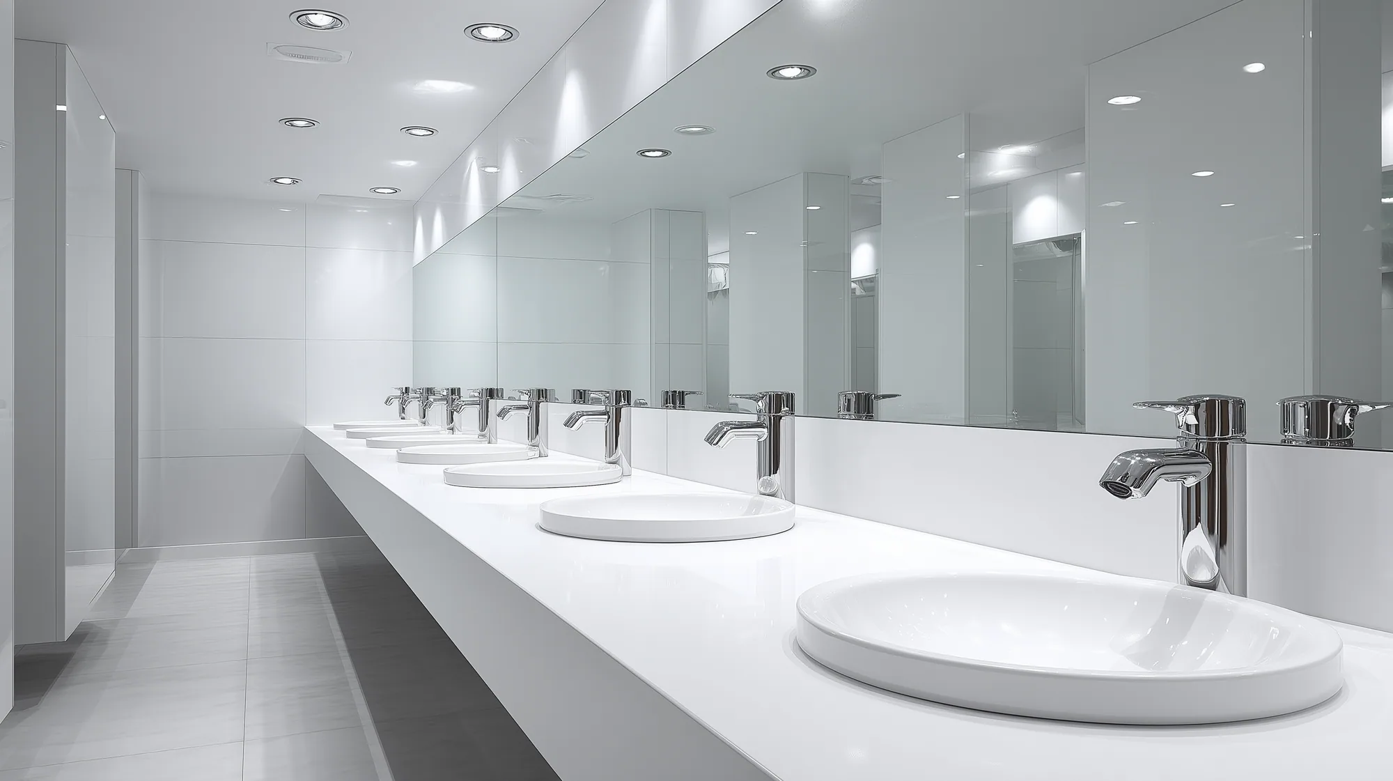 Bright, glossy white-tiled washroom with a long vanity counter and round basins