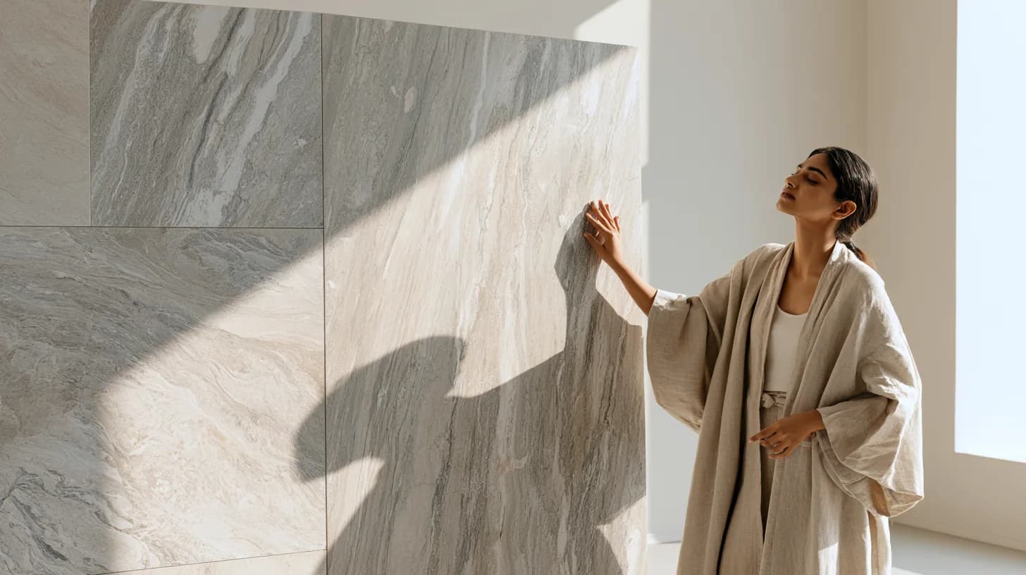 A bathroom finished in large-format marble-look tile at full scale