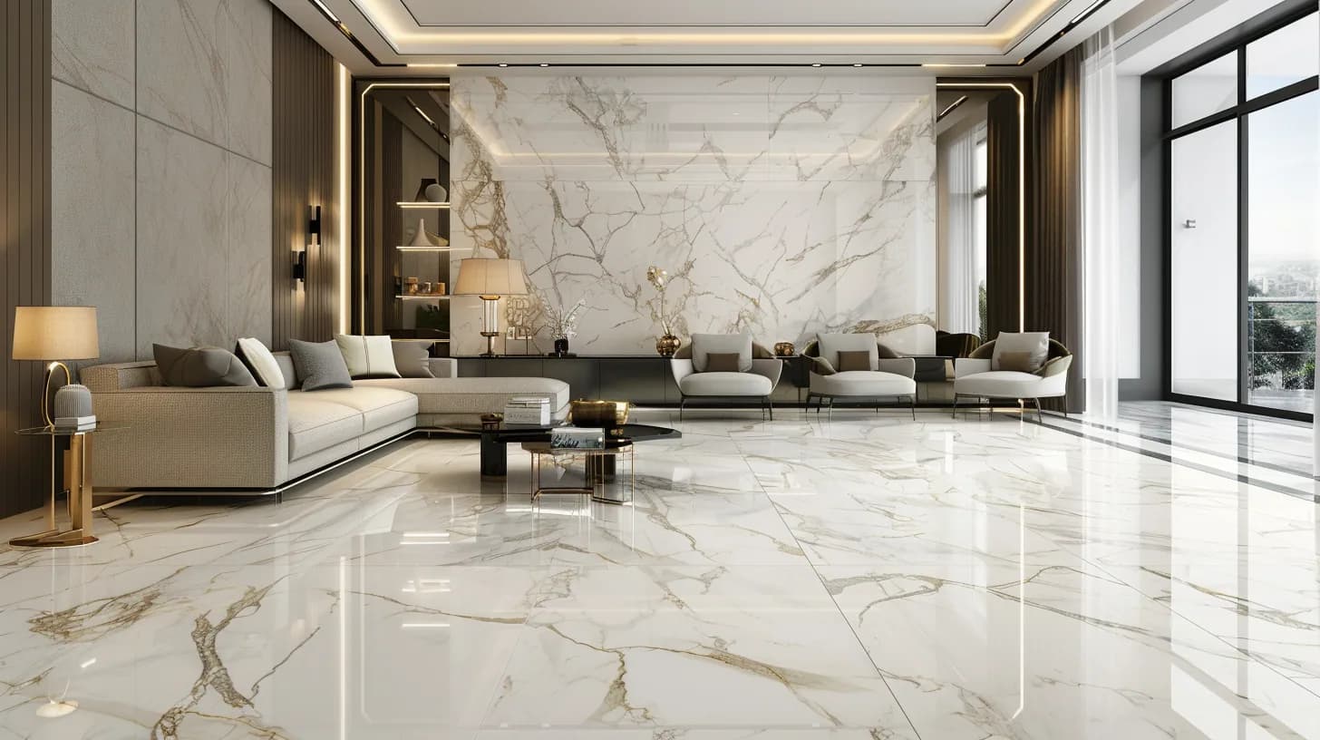 A marble-clad Chennai living room with gold inlay accents