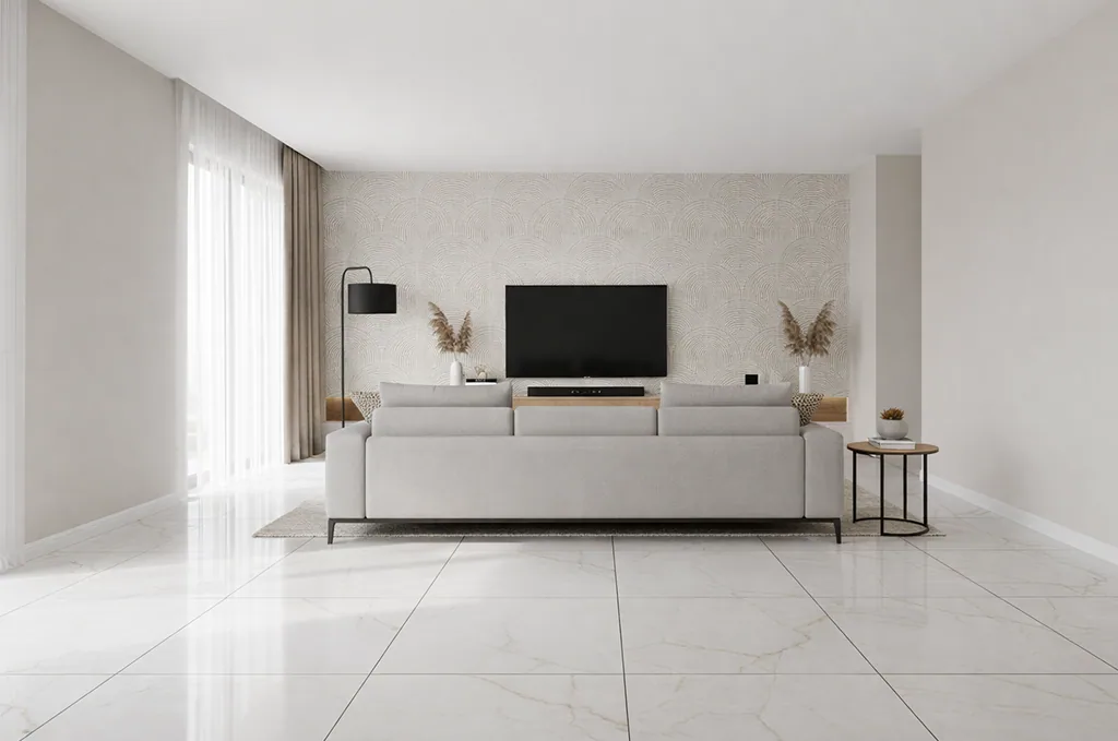 Living room with a beige patterned accent wall behind a TV, on a glossy cream marble-look floor