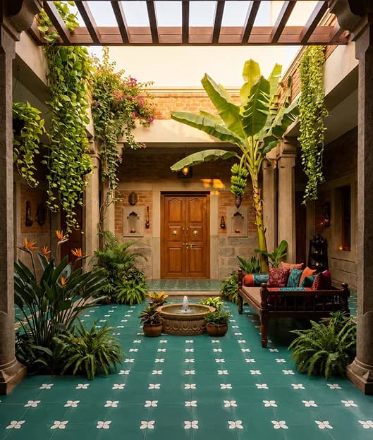A living room finished in warm large-format tile