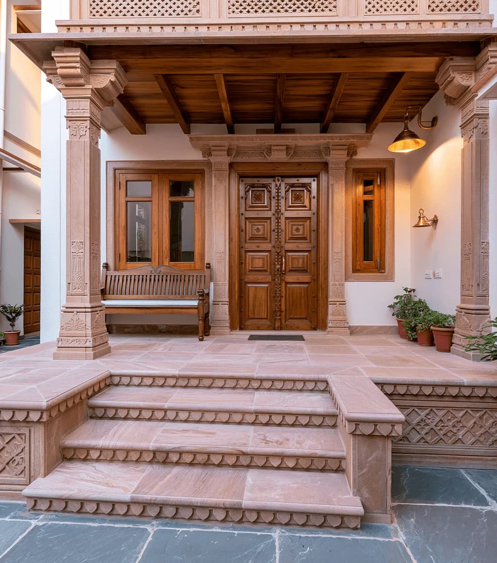 Traditional carved sandstone porch with a honed grey Kota-stone floor at the base of the steps