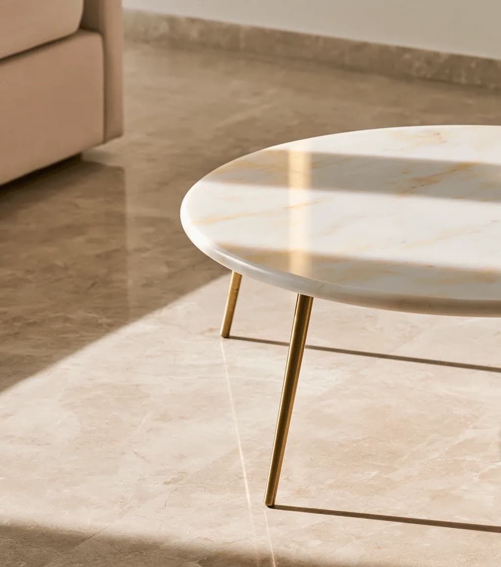 Close-up of a round white marble coffee table top with gold veining on brass legs