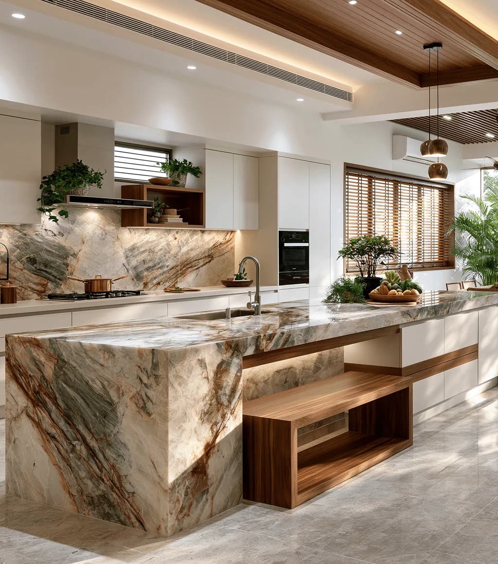 Kitchen with a large green-and-gold quartzite island and matching backsplash