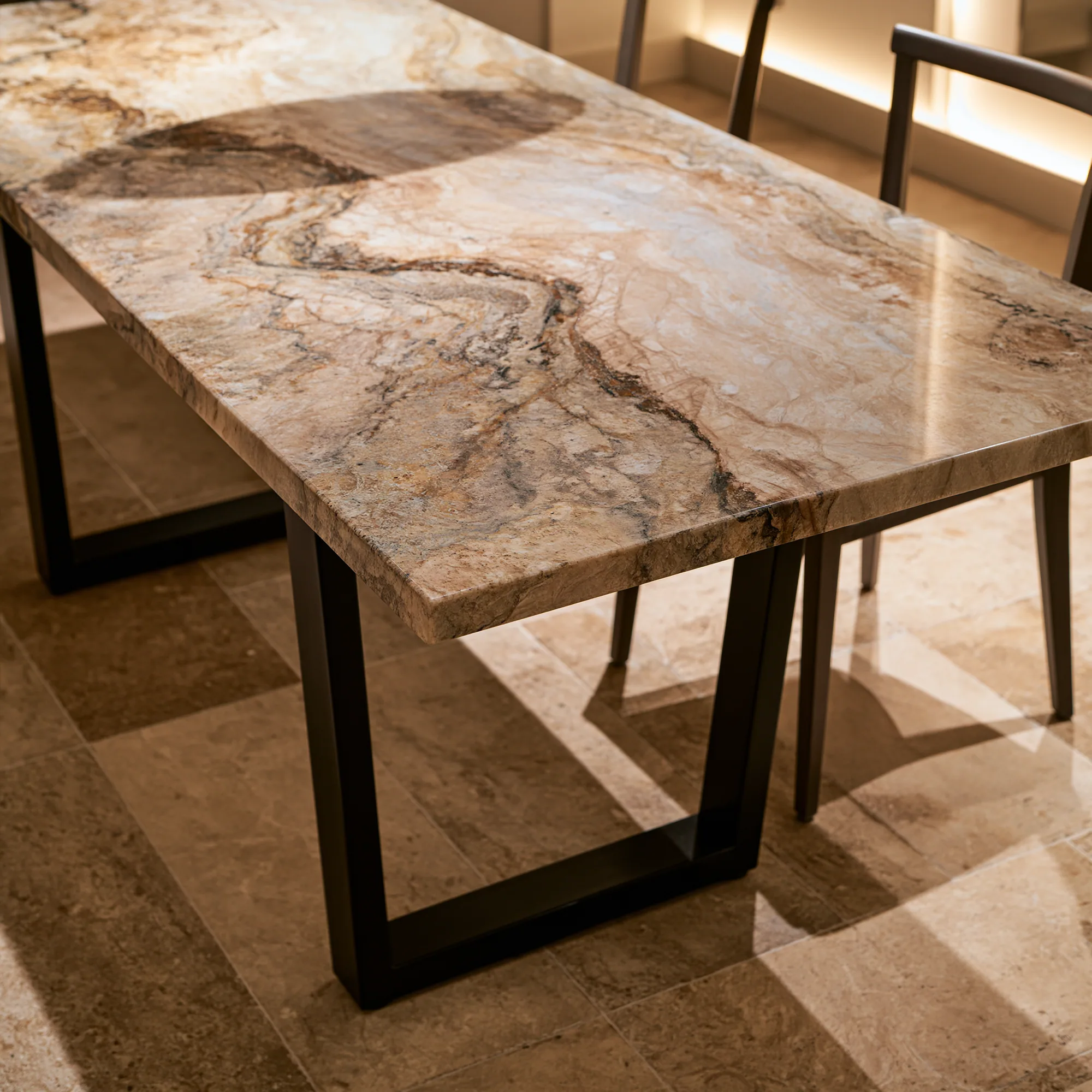 Close-up of a beige-and-brown granite dining table top with sweeping veining, on dark metal legs