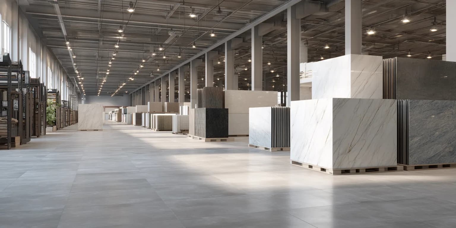 Rows of marble and granite slabs stocked inside the Sakthi warehouse in Chennai