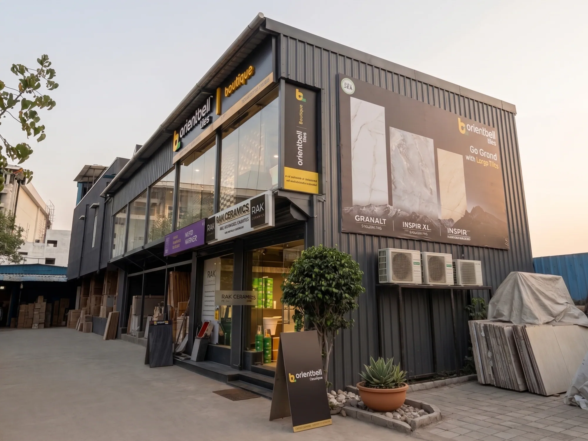 The showroom at dusk, its display windows lit from the street