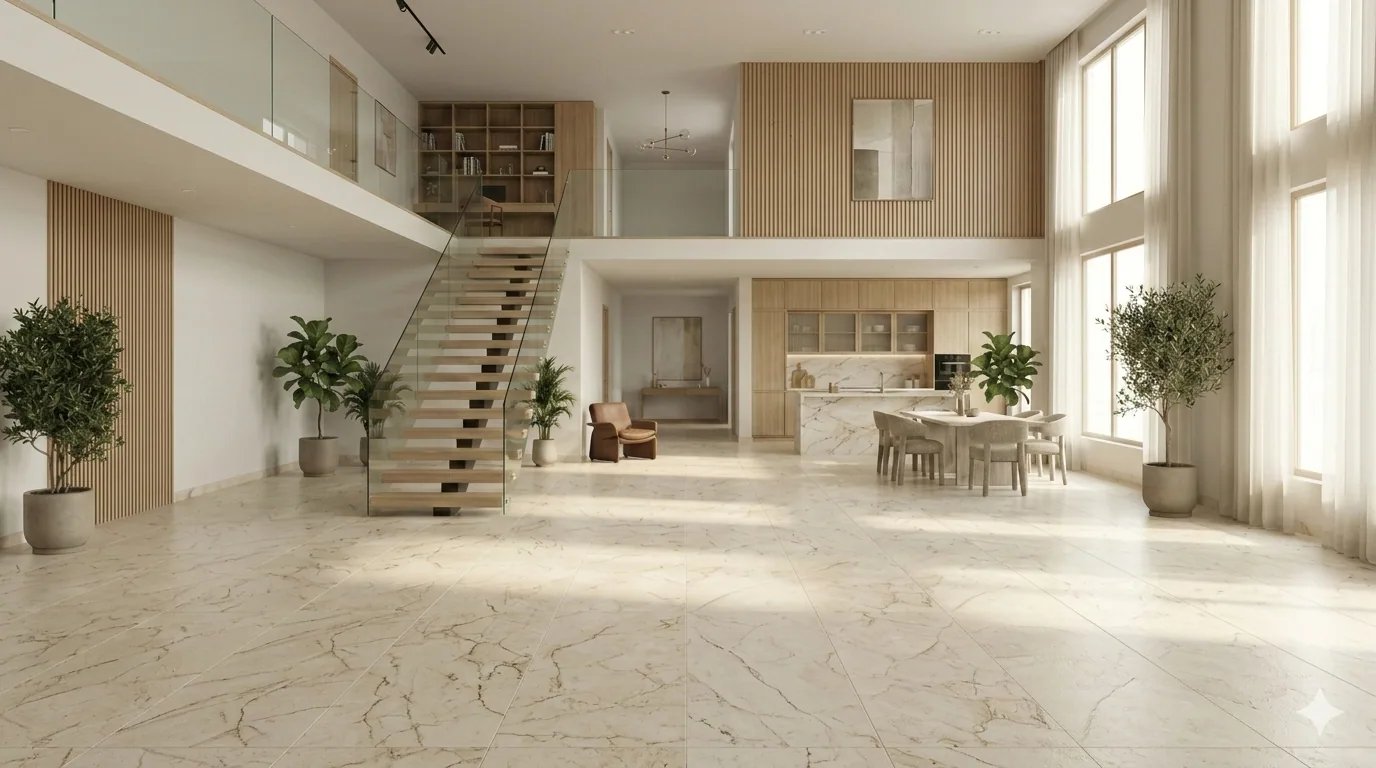 Double-height open-plan interior in glossy beige marble-look flooring, with a staircase and kitchen island
