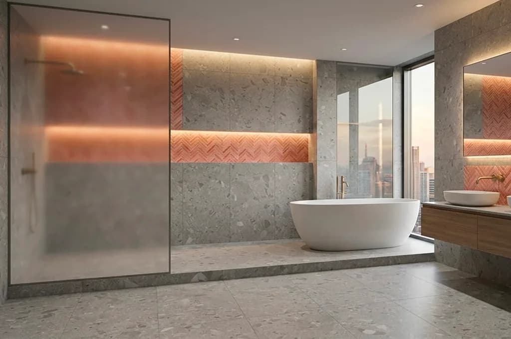 Spacious bathroom in speckled grey terrazzo-look tile, with a freestanding tub, city view and a burnt-orange herringbone niche