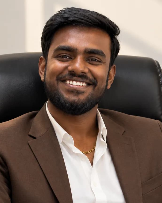Vignesh Manohar, managing director, seated in a black leather office chair in a brown blazer and open white shirt, sunlight falling across the pale wall behind him