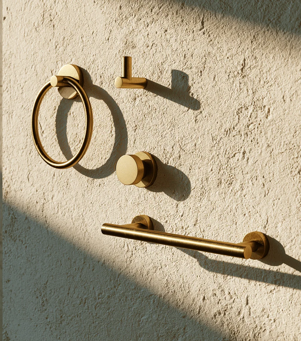 Brushed-gold bathroom accessory set: towel ring, robe hook, knob and rail, on a textured wall