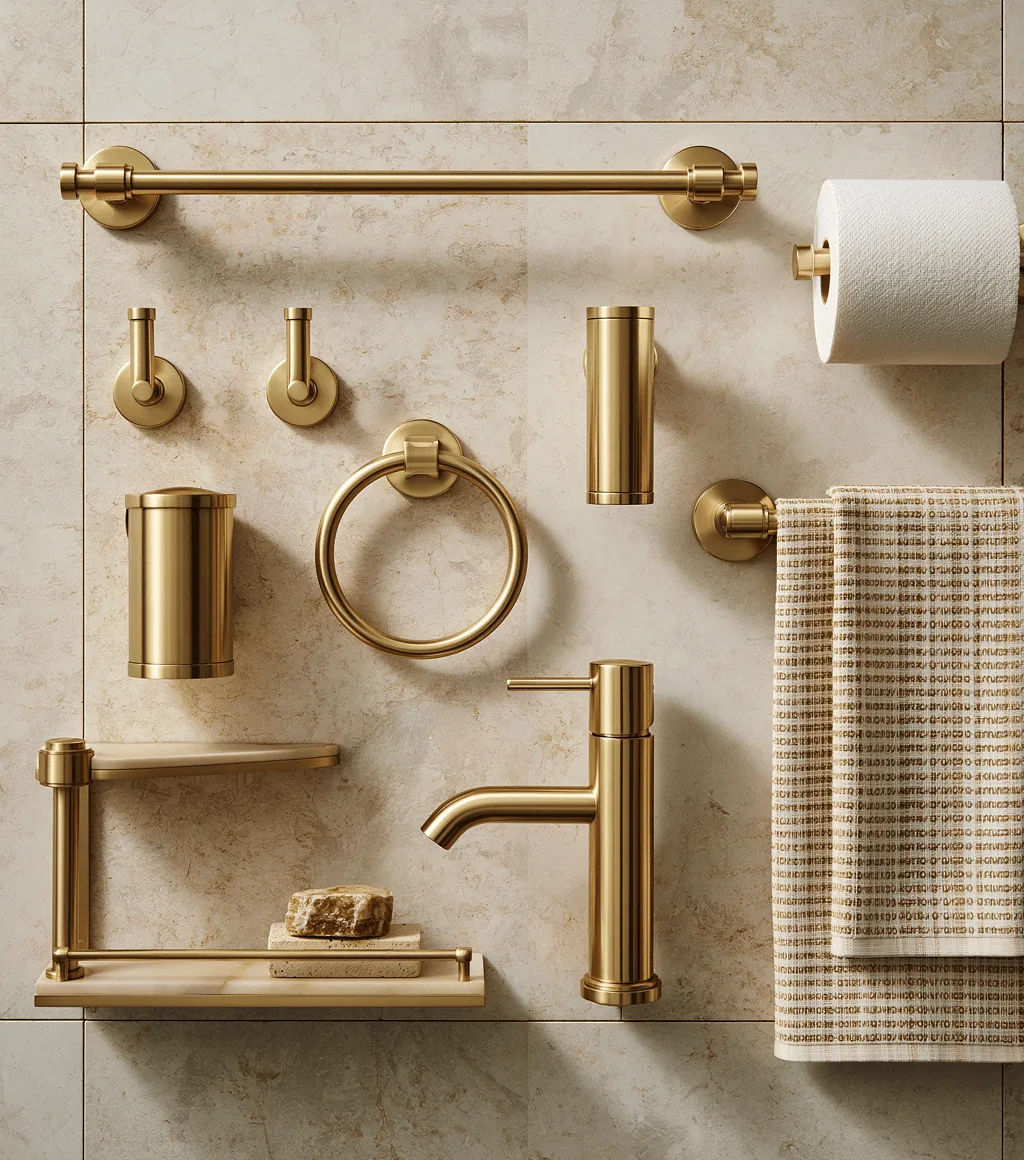 Brushed-gold accessory set: towel rail, hooks, tumbler, towel ring, shelf with soap, basin faucet, toilet-roll holder and woven towel