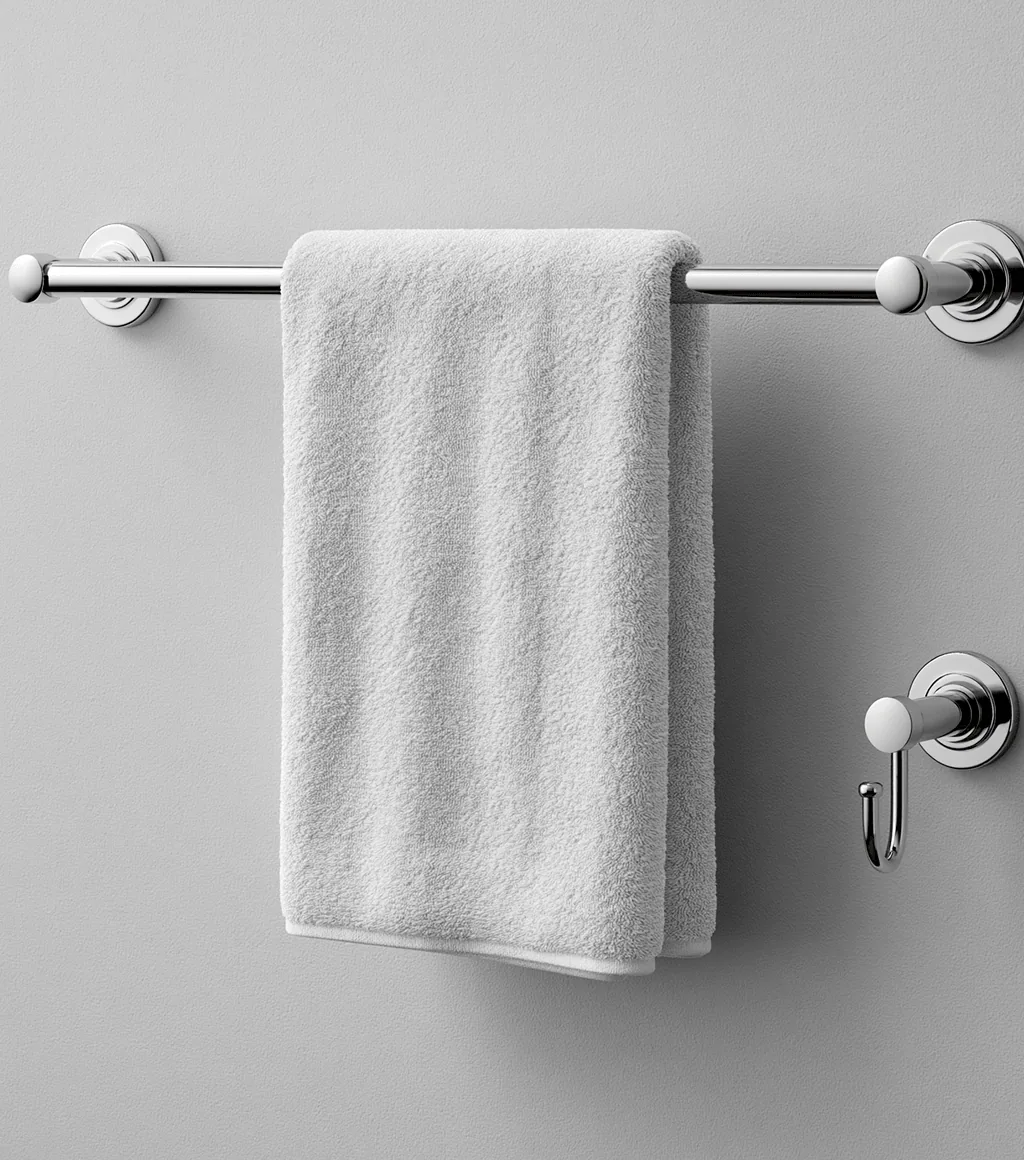 Chrome towel bar with a folded white towel and a robe hook, on a light grey wall