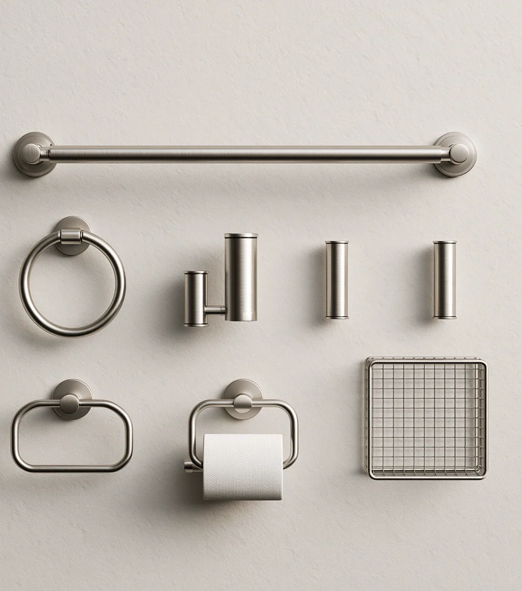 Brushed-nickel accessory set laid flat: towel bar, ring, hooks, tumblers, wire basket, hand-towel ring and toilet-roll holder