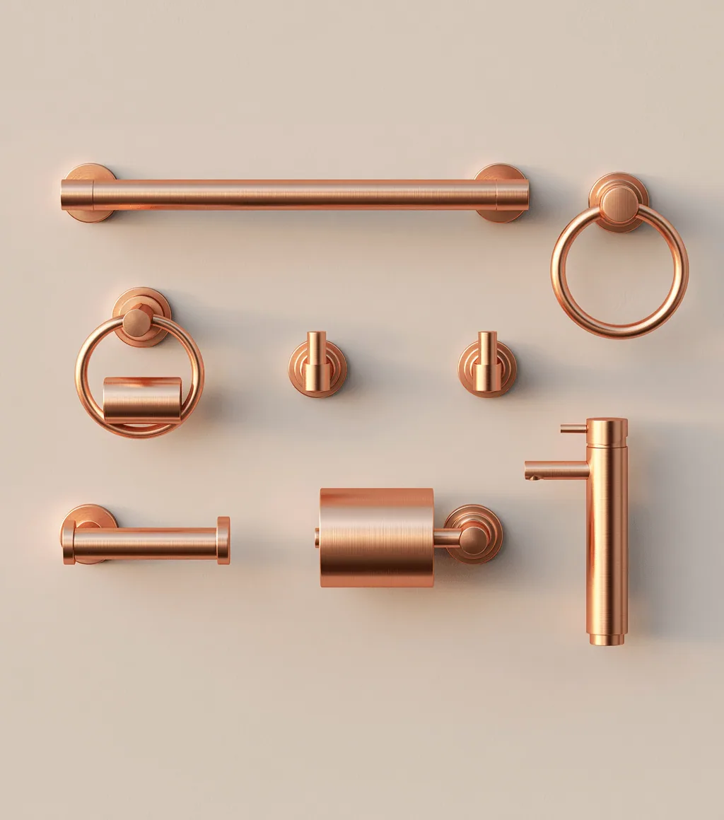 Rose-gold accessory set laid flat: towel bar, ring, hooks, tumblers, toilet-roll holder and basin faucet
