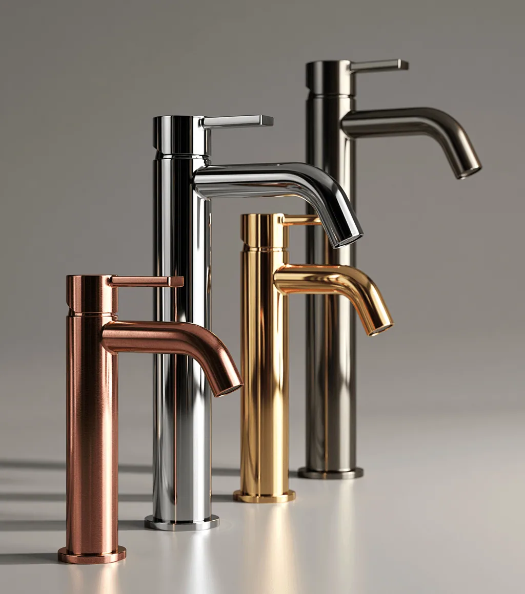 Four single-lever basin faucets shown side by side in copper, chrome, brushed gold and gunmetal finishes