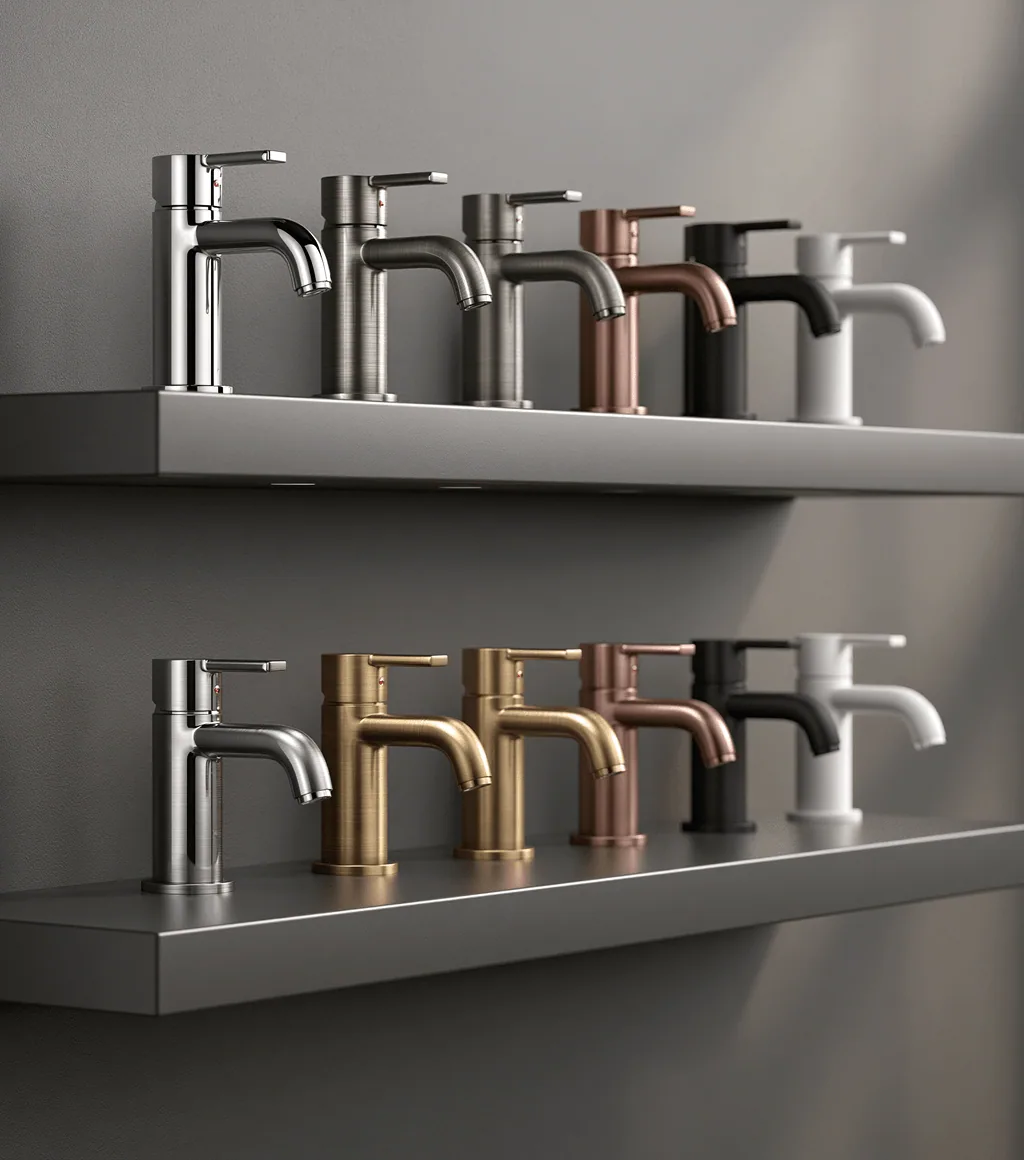 Two rows of single-lever basin faucets in chrome, gunmetal, rose-gold, matte black, matte white and brushed gold finishes