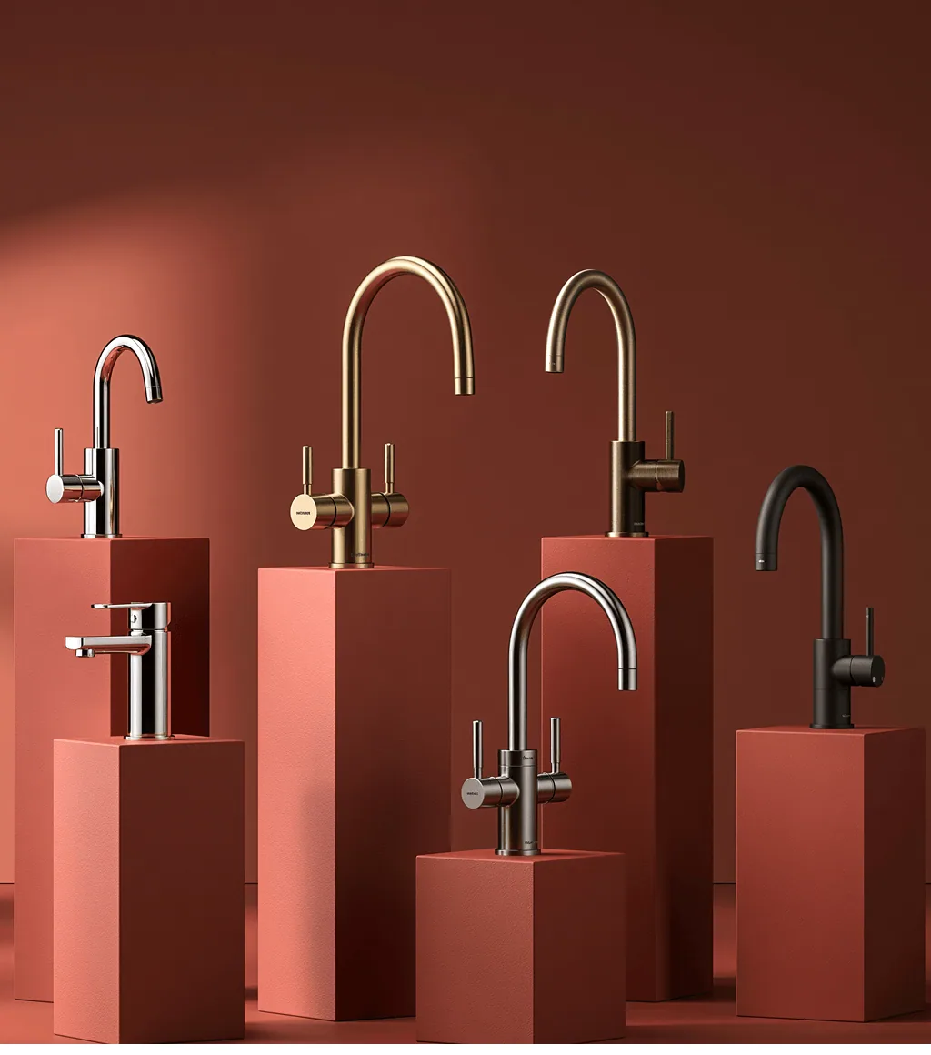 Gooseneck kitchen mixer taps displayed in chrome, brushed gold, bronze, gunmetal and matte black finishes