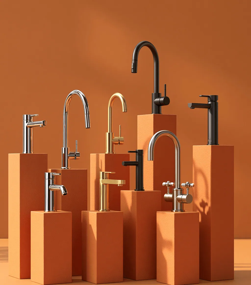 Assorted single-lever basin faucets in chrome, brushed gold and matte black, displayed on plinths against a terracotta backdrop