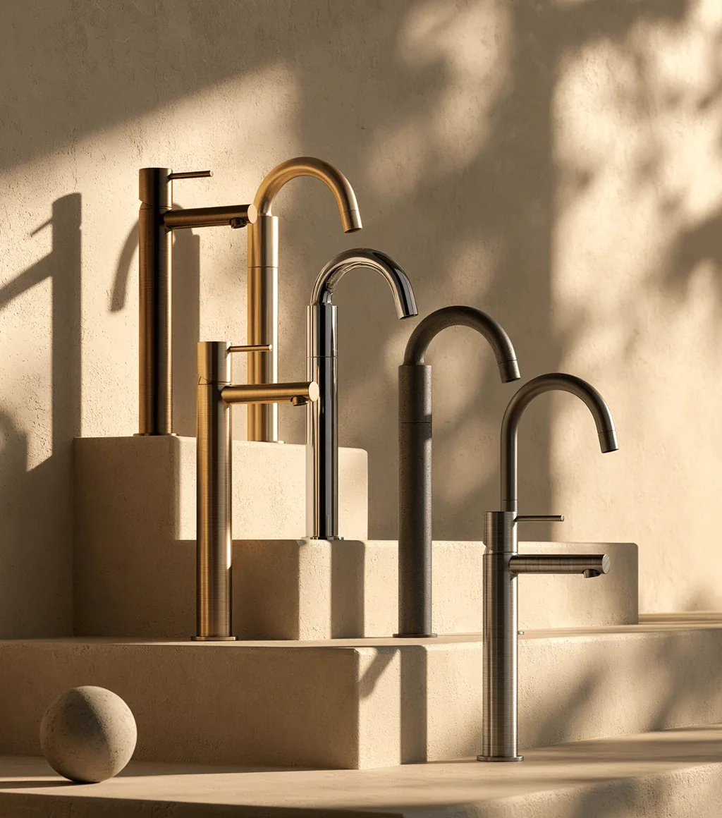 Basin faucets in brushed gold, chrome and gunmetal finishes displayed on plinths against a sunlit stone-textured wall