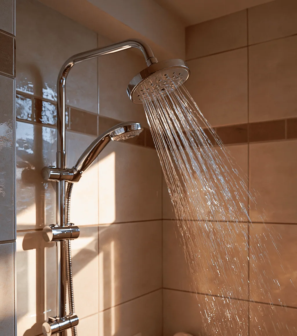 Chrome overhead shower and handheld unit running against a beige-tiled shower wall