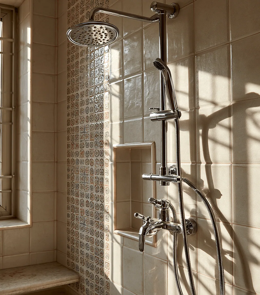 Chrome exposed shower column with an overhead rose and handheld unit, against a patterned cream tile wall