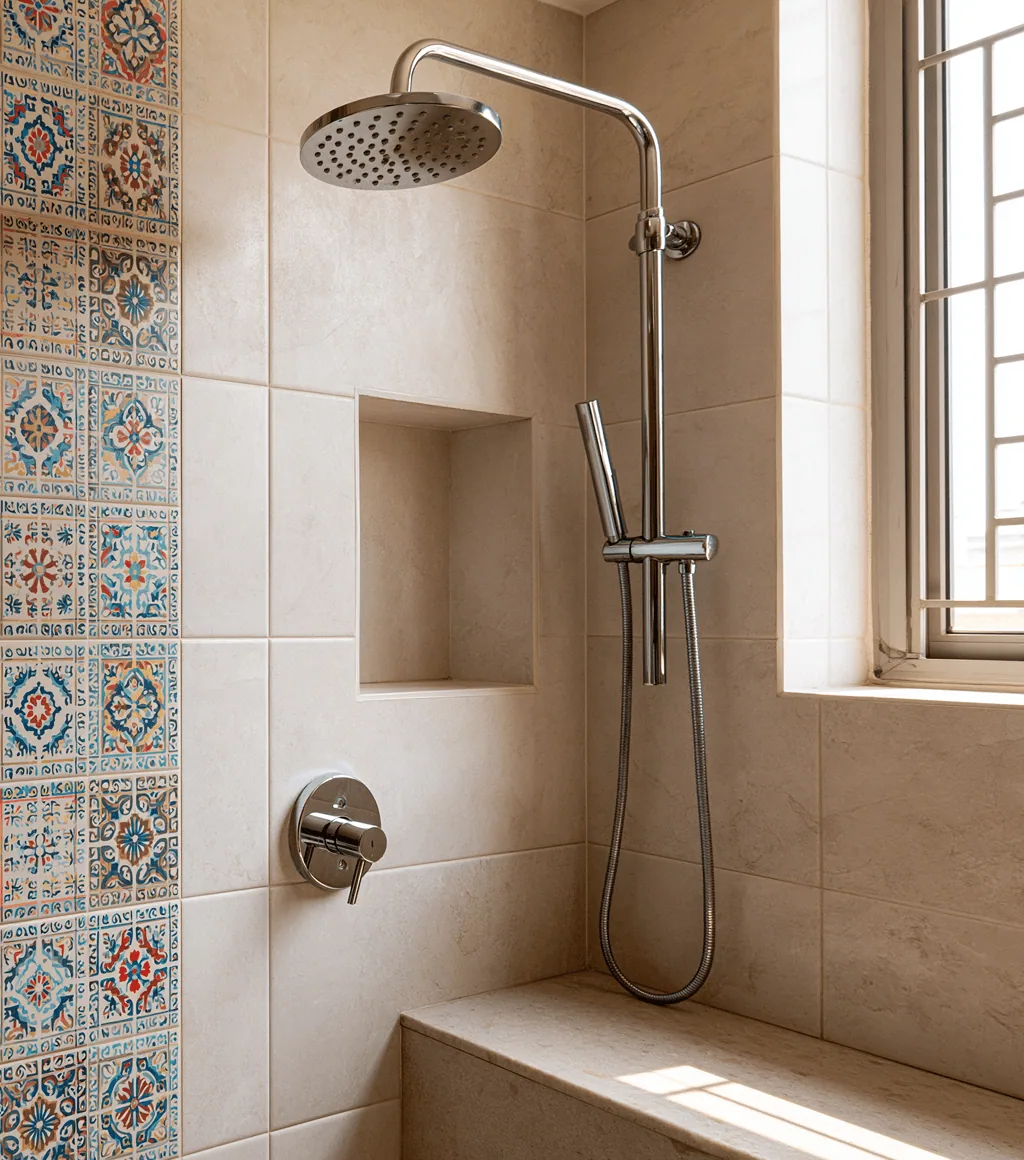 Chrome overhead shower with a handheld unit and thermostatic mixer, beside a colourful patterned tile wall