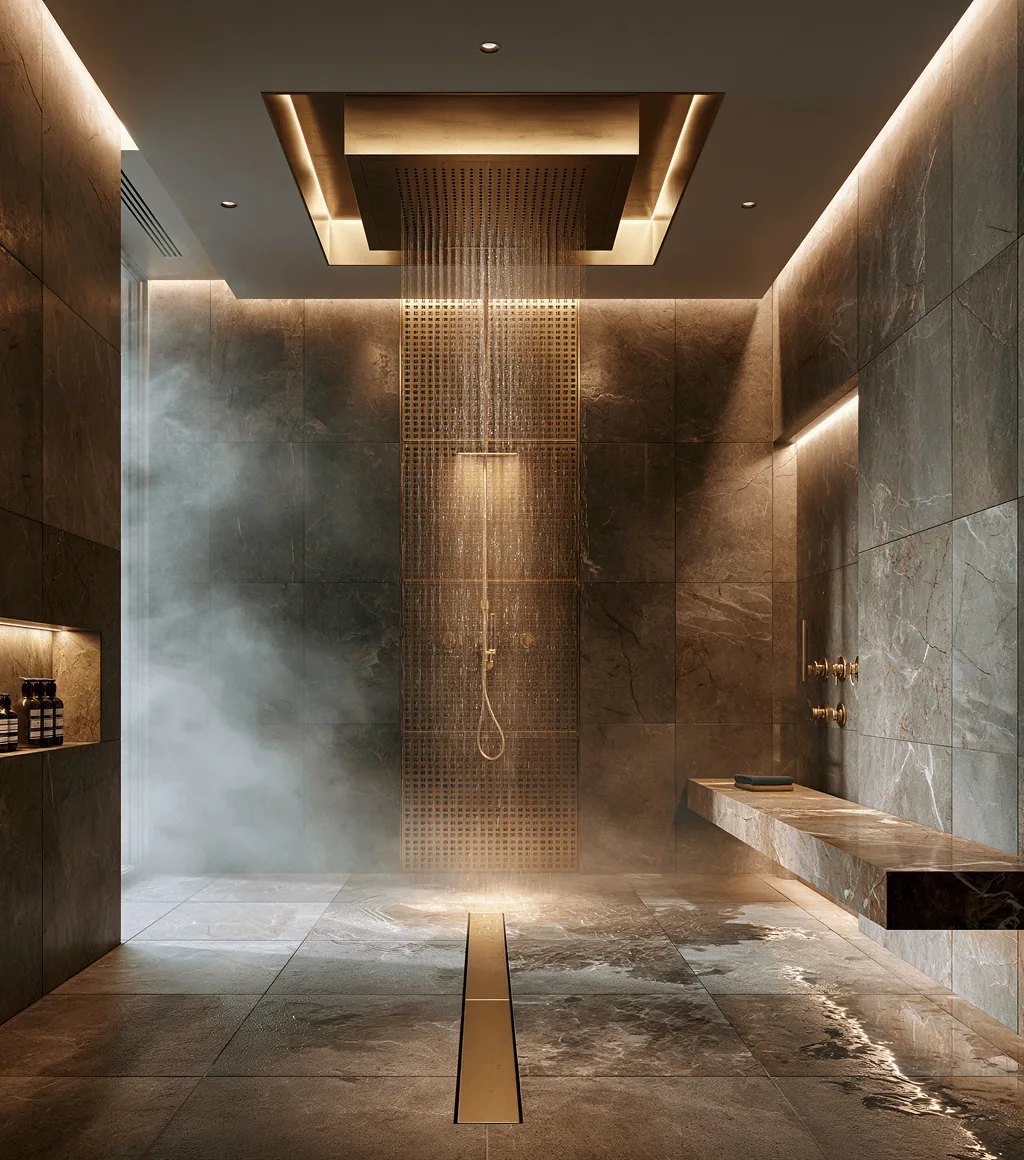 Gold ceiling-mounted rain shower panel in a dark stone-clad spa-style shower, with steam in the air