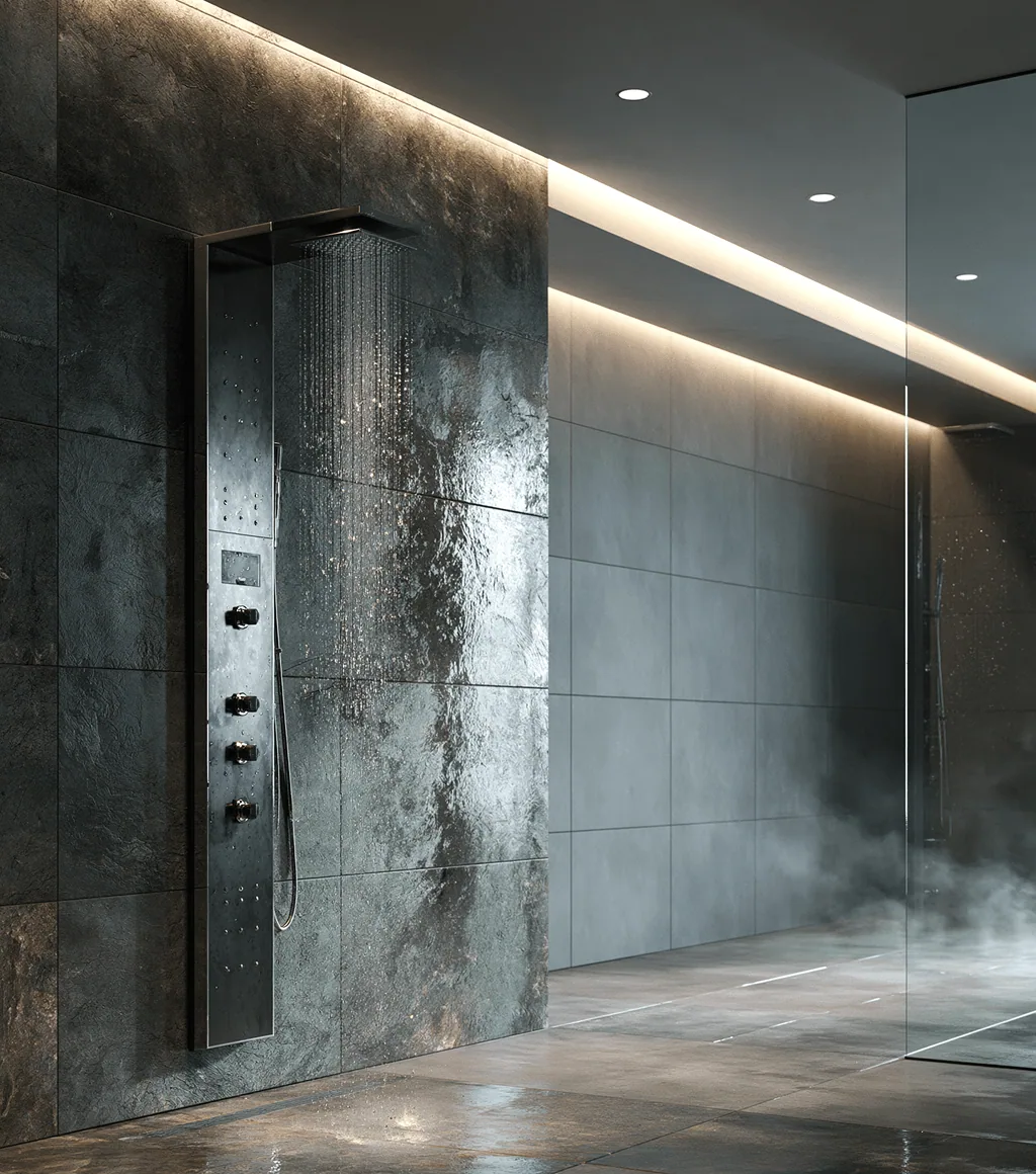 Matte black shower tower panel with an overhead rose and body jets, against a dark stone-textured wall