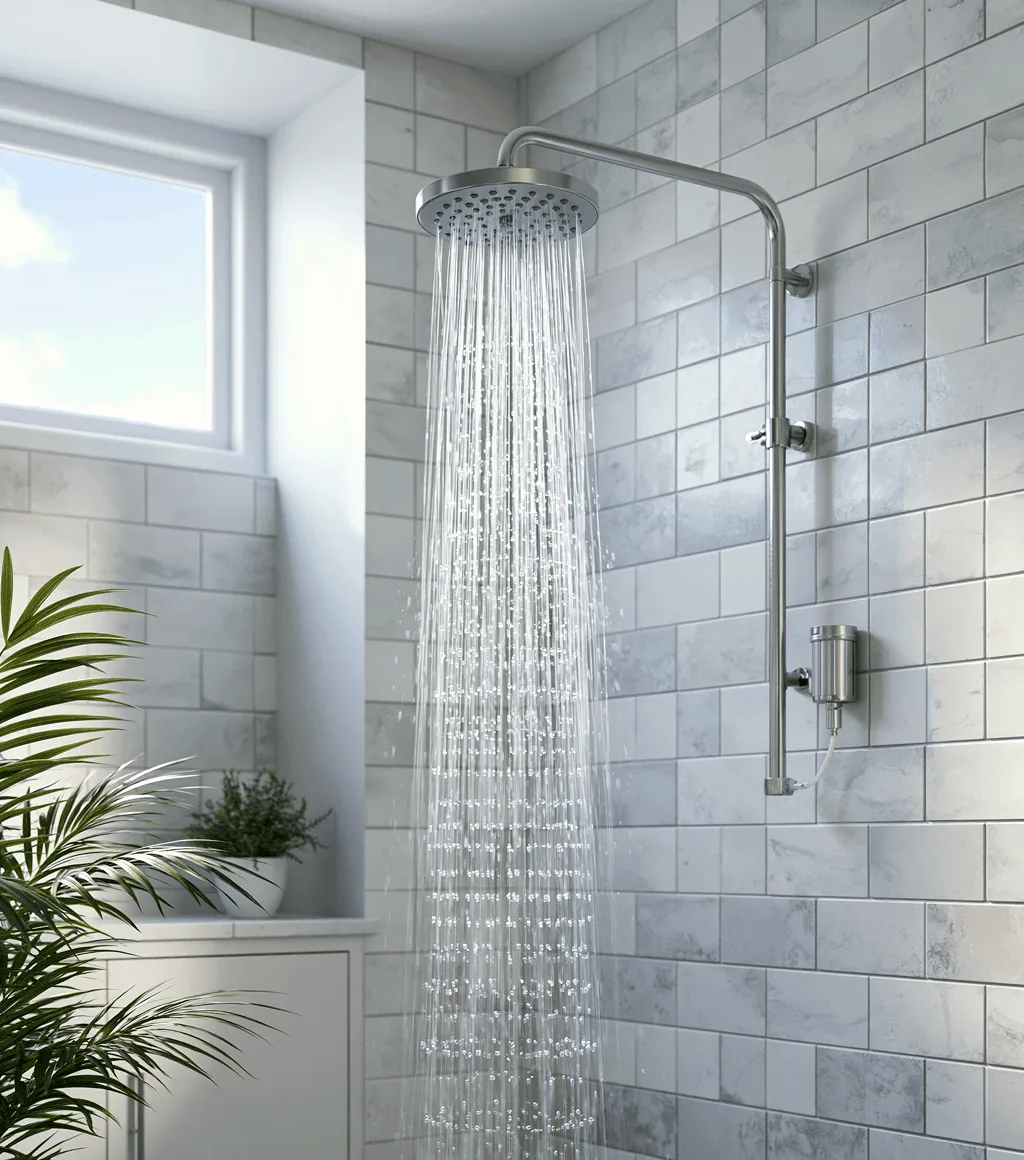 Chrome overhead rain shower on an exposed riser, against a white subway-tiled wall