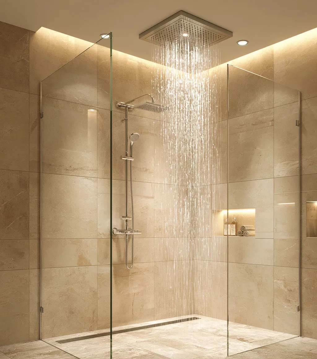 Glass-enclosed shower with a ceiling-mounted rain head and a chrome riser column, in a beige stone-clad wet room