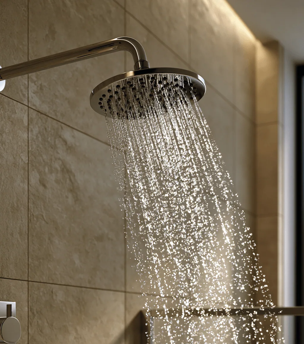 Close-up of a chrome shower head running against a beige stone-textured wall