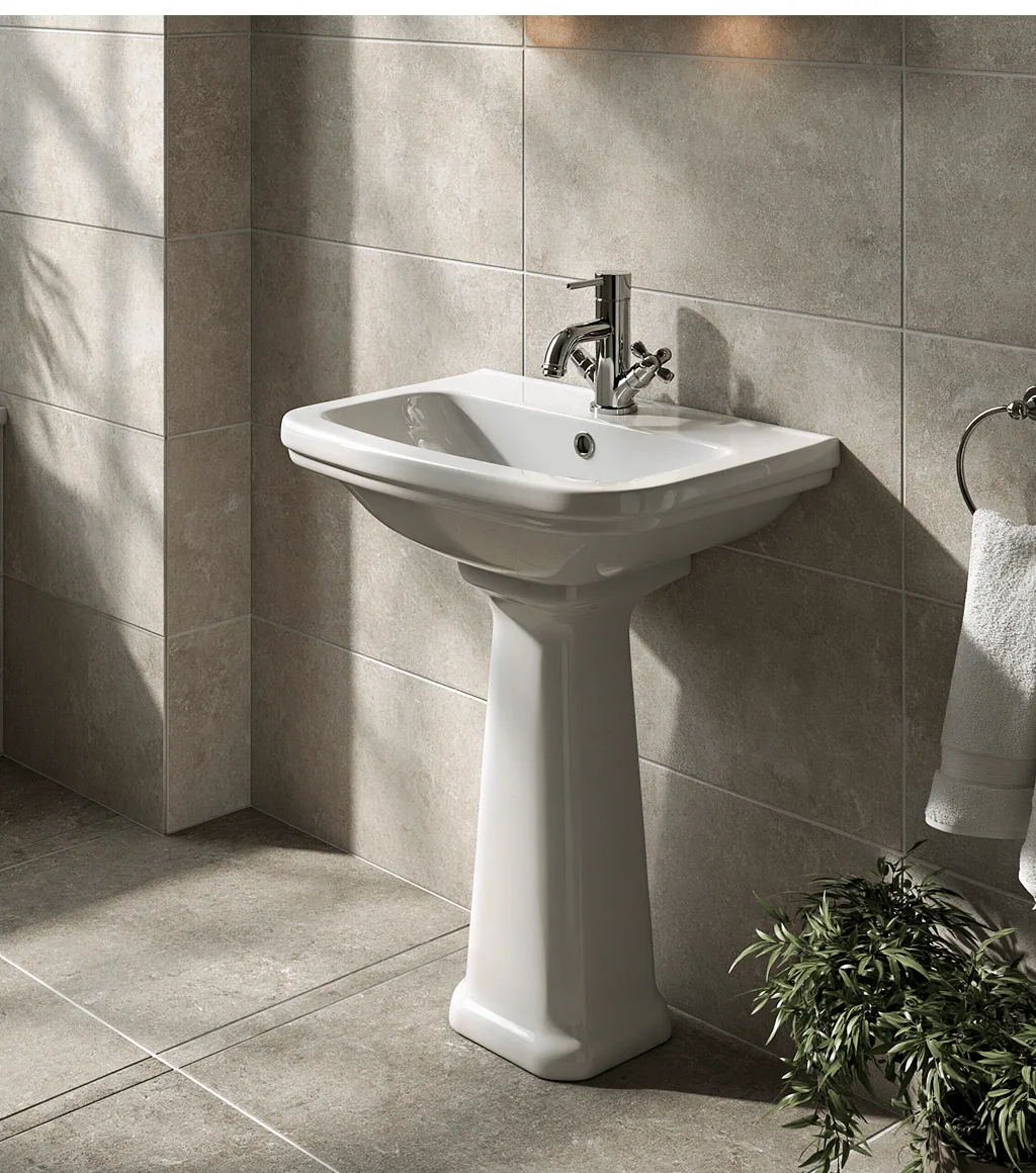 White pedestal wash basin with a chrome cross-handle faucet, against a beige stone-look wall