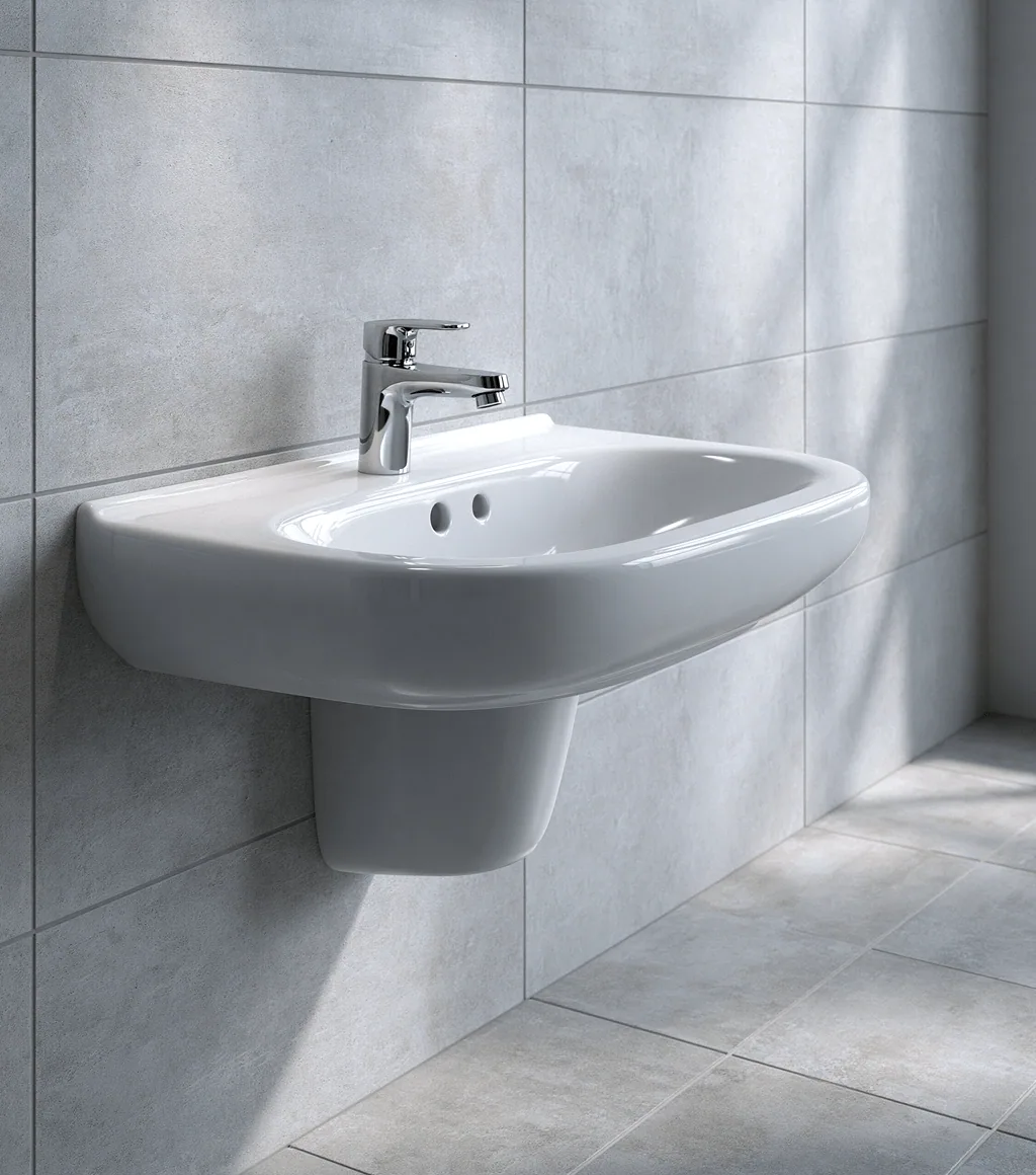 White semi-recessed wash basin with a chrome faucet, mounted on a grey stone-look wall