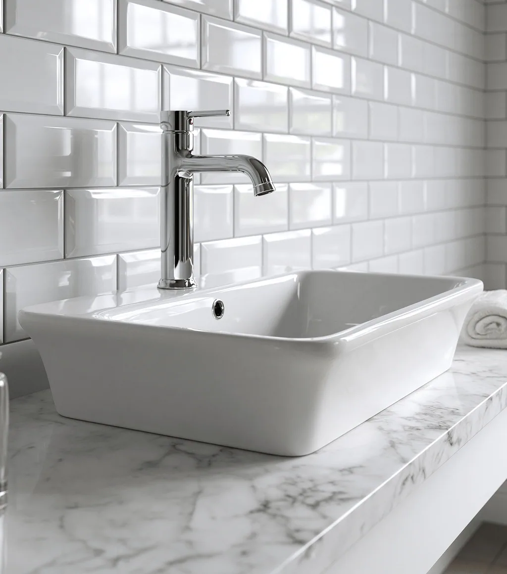 White rectangular countertop basin on a marble vanity, with a chrome faucet and white subway-tile wall