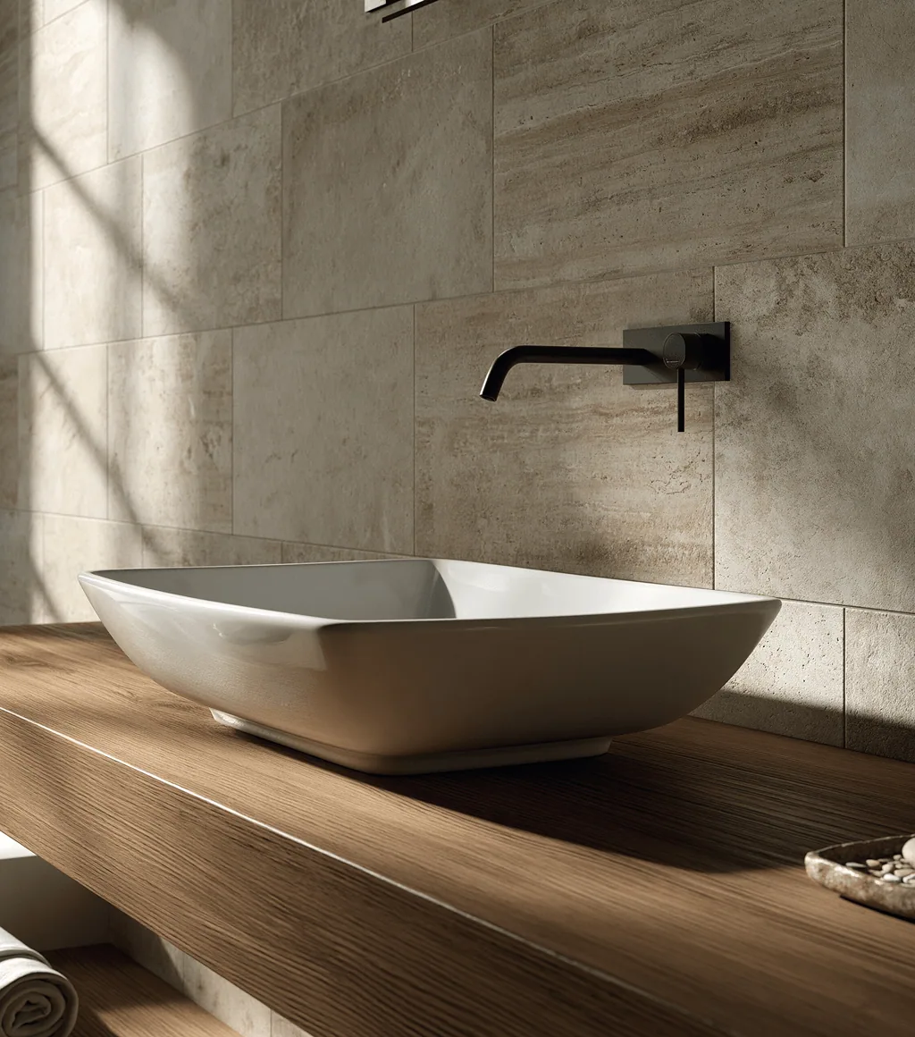 White rectangular vessel basin on a wood-look counter, beneath a wall-mounted matte black faucet