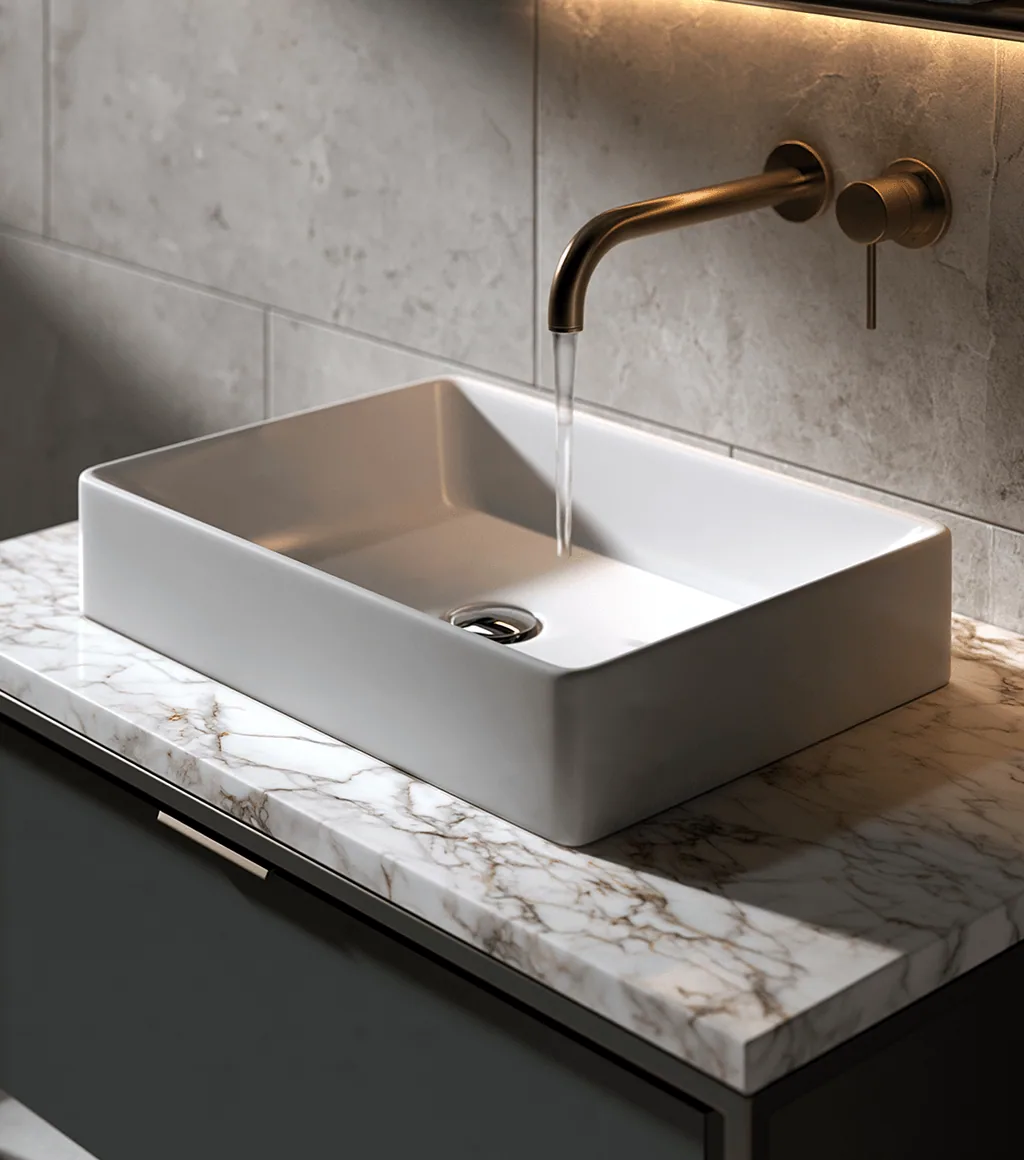 White rectangular vessel basin on a marble counter, beneath a wall-mounted brushed gold spout