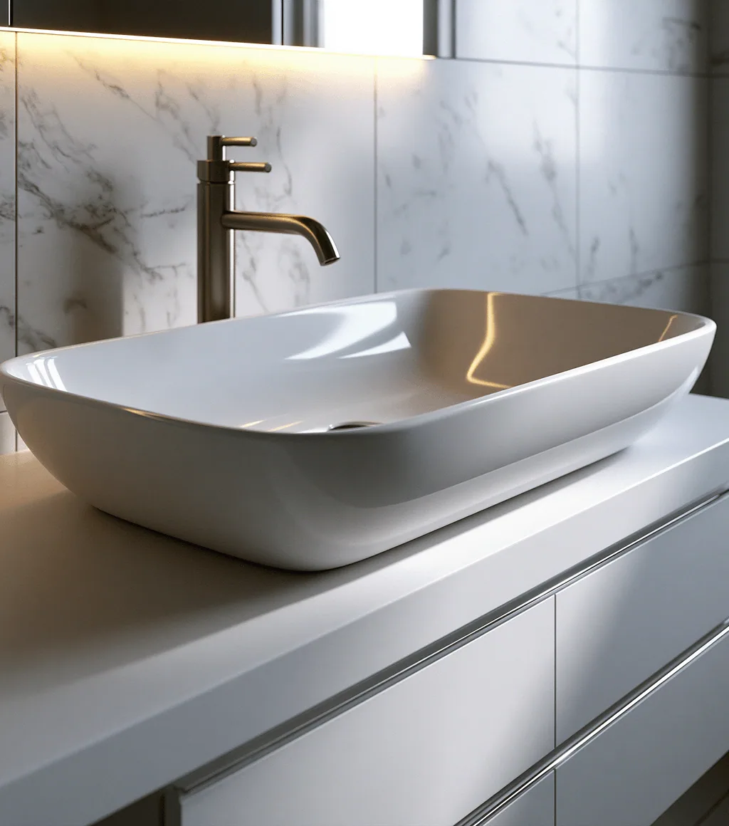White rectangular vessel basin on a white counter, beside a tall brushed-nickel basin faucet
