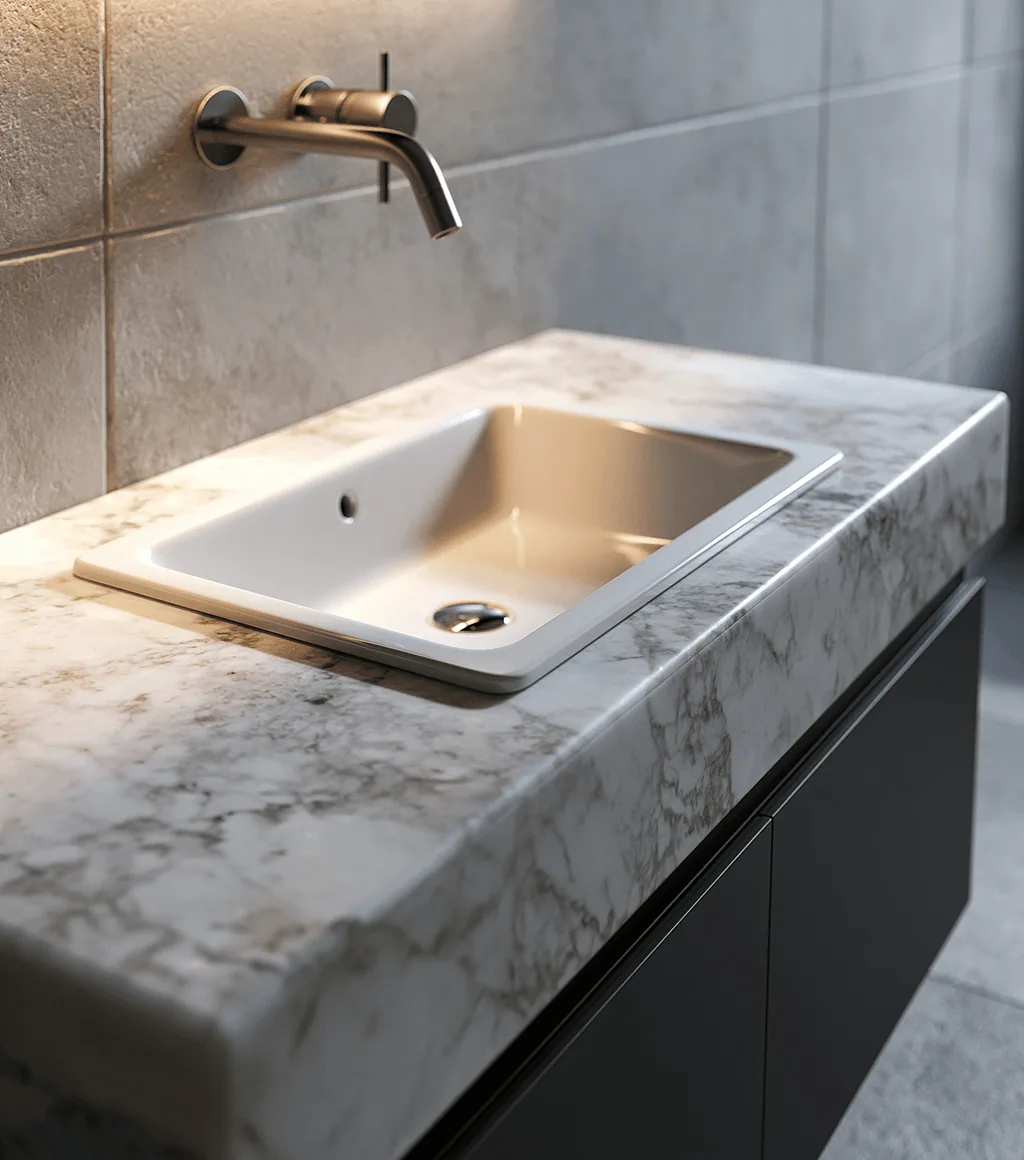 White under-counter basin recessed into a grey-and-white marble counter, beneath a wall-mounted brushed steel faucet