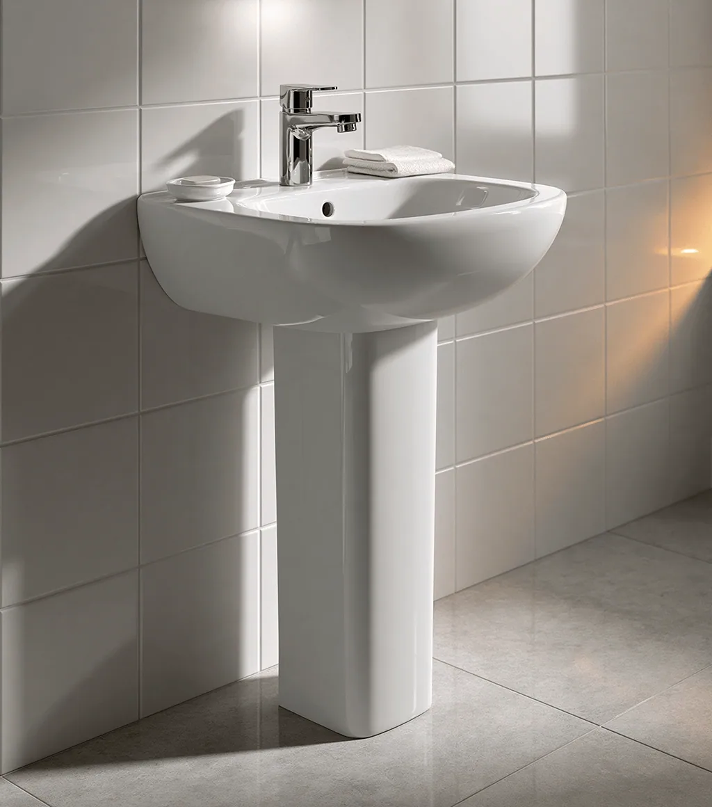 White pedestal wash basin with a chrome faucet, against a white square-tile wall