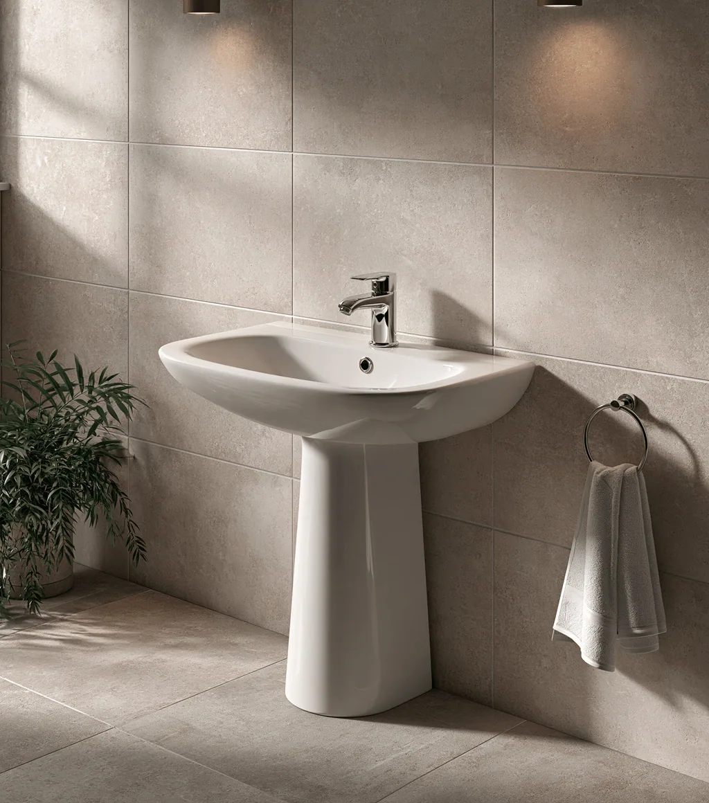 White pedestal wash basin with a chrome faucet, against a beige stone-look wall