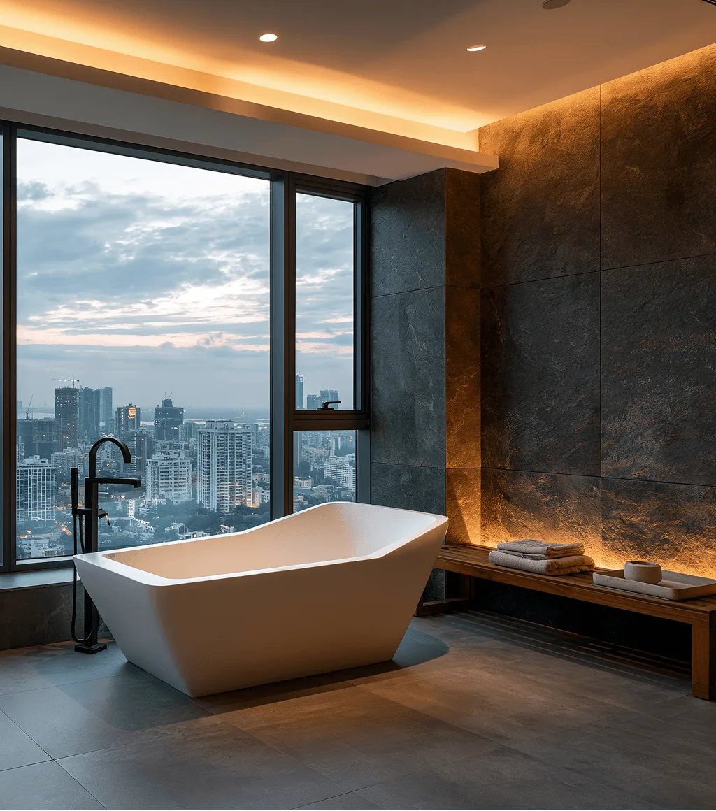 White freestanding tub with a floor-mounted black faucet, beside a city skyline window and a dark stone-clad wall