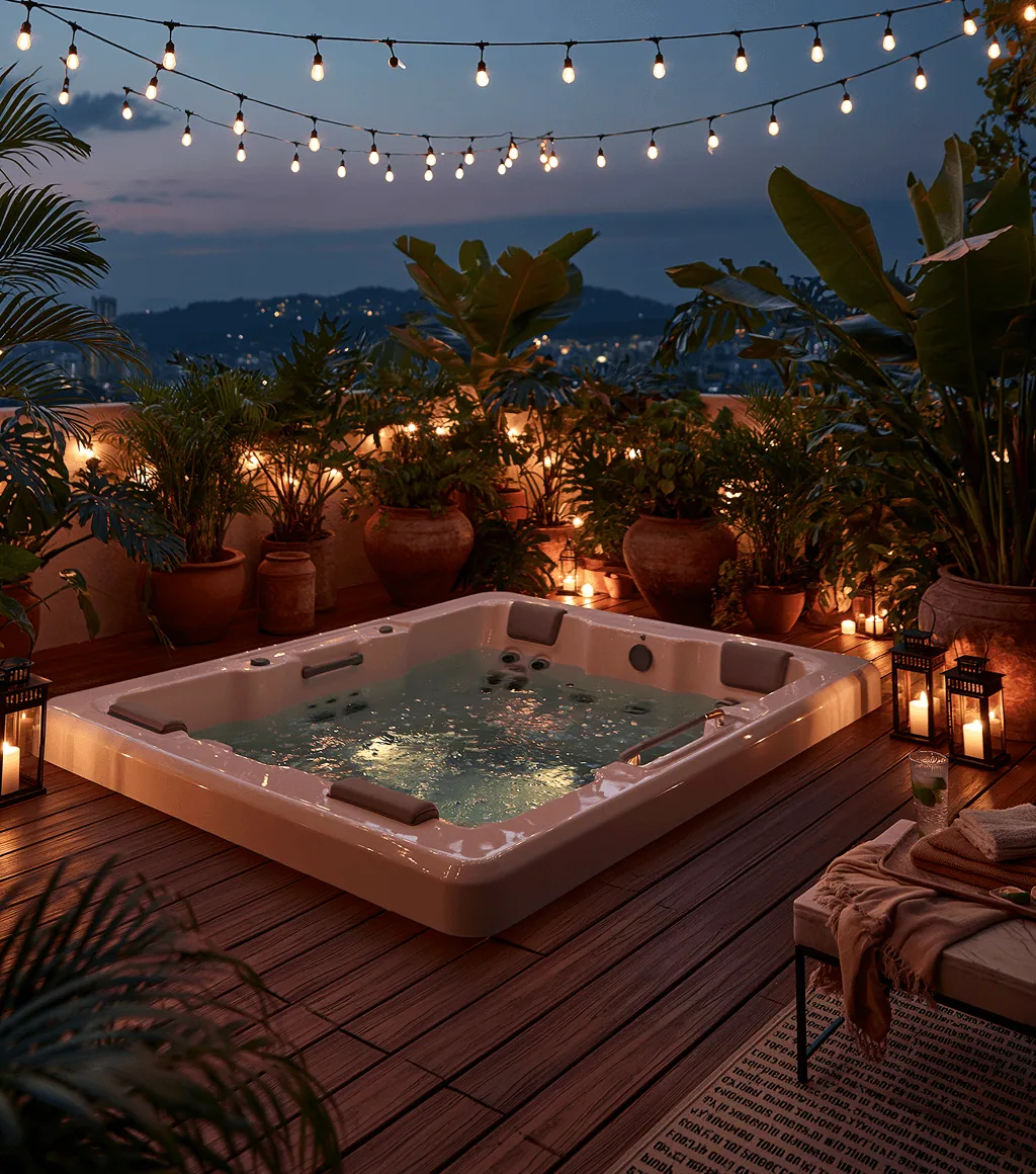 White multi-jet spa tub on a rooftop deck at night, beneath string lights and potted plants