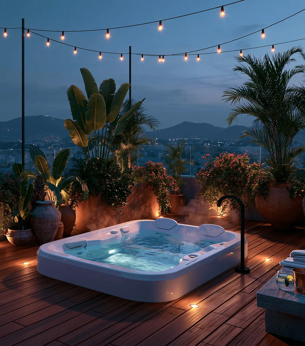 White multi-jet spa tub on a rooftop terrace at dusk, with a city and hills in the background