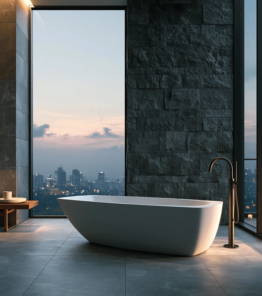 White freestanding oval tub with a brushed brass floor-mounted faucet, against a dusk city view through floor-to-ceiling glass