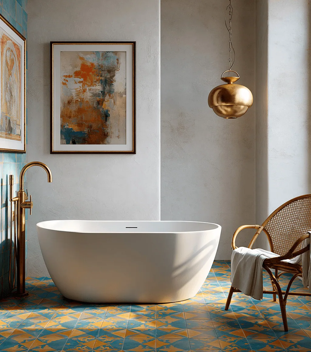 White freestanding tub with a gold floor-mounted faucet, on a patterned Mediterranean-tile floor beside framed art