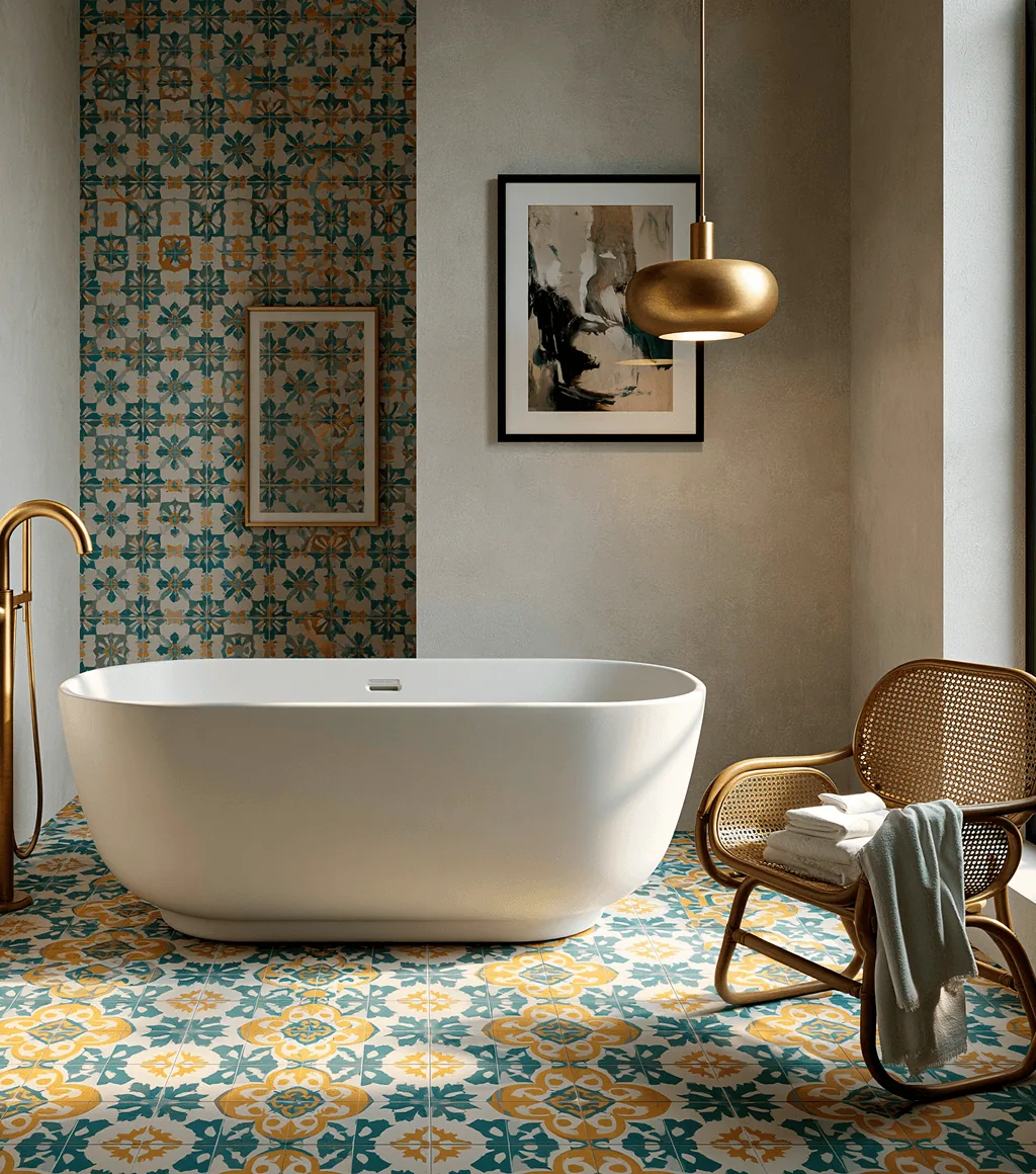 White freestanding tub against a wall of colourful patterned Mediterranean tile, beneath a gold pendant light